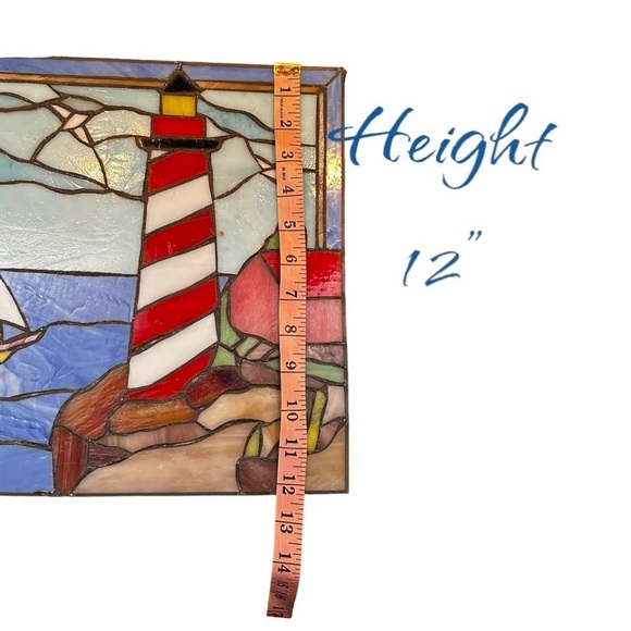 Hanging Rectangle Stained Glass Sailboat Lighthouse Nautical Harbor Scene 16x12” - Picture 10 of 11